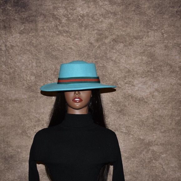 Turquoise Large Wide Brim Fedora Hat - Picture 6 of 8